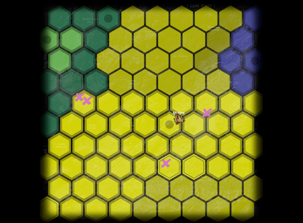 a screenshot from WolfQuest showing the current territory. Cutoff Pack is in the west, Rose Flats Pack the northeast, and Bobcat Rock Pack the northwest. Sushi Pack covers the center, middle of the north side, and the southeast, and controls a majority of the game area.